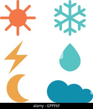 Weather forecast signs: sun, moon, rain, snow, cloud, lightning Stock Vector