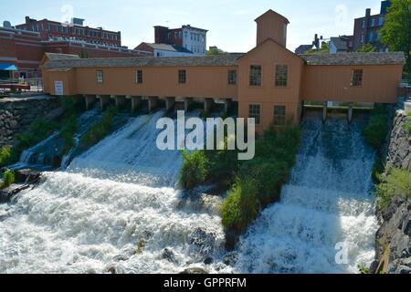 A view of locks, dams, and canals at the Lowell National Historic Park in Lowell, Massachusetts. Stock Photo