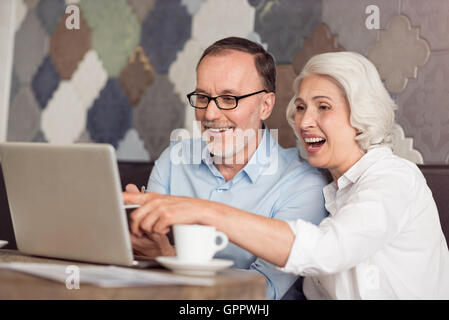 Positive senior couple using laptop Stock Photo