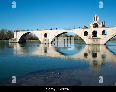 Pont d'Avignon reflected in Rhône river Stock Photo