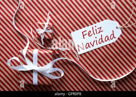 Two Gifts With Label, Feliz Navidad Means Merry Christmas Stock Photo