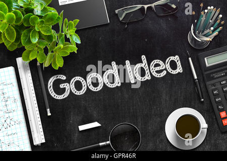 Good Idea - Text on Black Chalkboard. 3D Rendering. Stock Photo