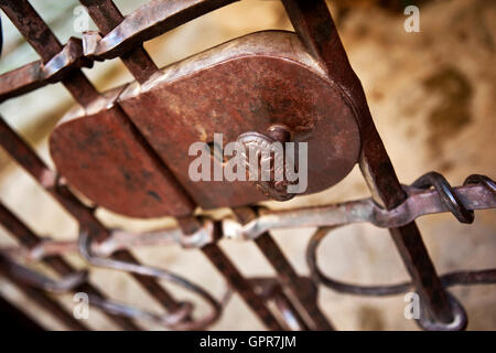 Old wrought iron gate and handle at the entrance of a park Stock Photo