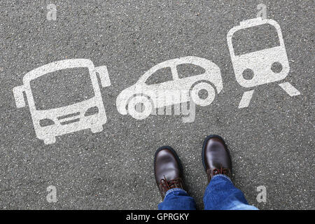 Car train bus choice man people choosing vehicle traffic city mobility transport Stock Photo