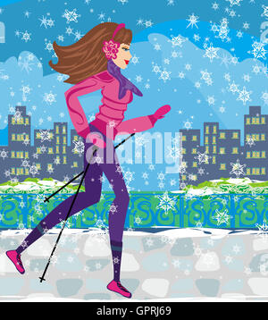 Nordic walking - active woman exercising in winter Stock Photo