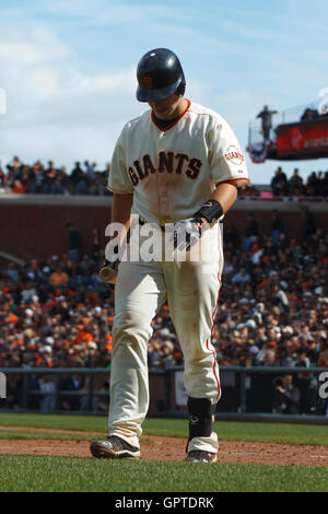 April 8, 2011; San Francisco, CA, USA;  San Francisco Giants catcher Buster Posey (28) returns to the dugout after striking out against the St. Louis Cardinals during the seventh inning at AT&T Park.  San Francisco defeated St. Louis 5-4 in 12 innings. Stock Photo