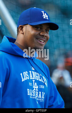 April 11, 2011; San Francisco, CA, USA;  Los Angeles Dodgers relief pitcher Kenley Jansen (74) during batting practice before the game against the San Francisco Giants at AT&T Park.  Los Angeles defeated San Francisco 6-1. Stock Photo
