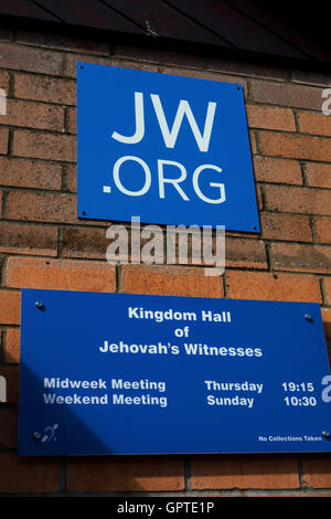 Kingdom Hall of Jehovah's Witnesses sign on the gable of a church Stock ...