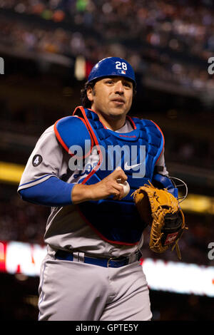 April 11, 2011; San Francisco, CA, USA;  Los Angeles Dodgers catcher Rod Barajas (28) returns to the dugout after an out against the San Francisco Giants during the second inning at AT&T Park.  Los Angeles defeated San Francisco 6-1. Stock Photo