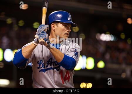 April 11, 2011; San Francisco, CA, USA;  Los Angeles Dodgers shortstop Jamey Carroll (14) at bat against the San Francisco Giants during the third inning at AT&T Park.  Los Angeles defeated San Francisco 6-1. Stock Photo