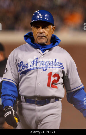 April 11, 2011; San Francisco, CA, USA;  Los Angeles Dodgers first base coach Davey Lopes (12) returns to the dugout during the fifth inning against the San Francisco Giants at AT&T Park.  Los Angeles defeated San Francisco 6-1. Stock Photo