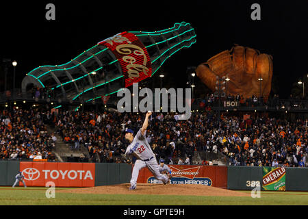 April 11, 2011; San Francisco, CA, USA;  Los Angeles Dodgers starting pitcher Clayton Kershaw (22) pitches against the San Francisco Giants during the seventh inning at AT&T Park. Stock Photo