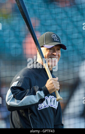 May 6, 2011; San Francisco, CA, USA;  Colorado Rockies manager Jim Tracy (4) during batting practice before the game against the San Francisco Giants at AT&T Park. Stock Photo