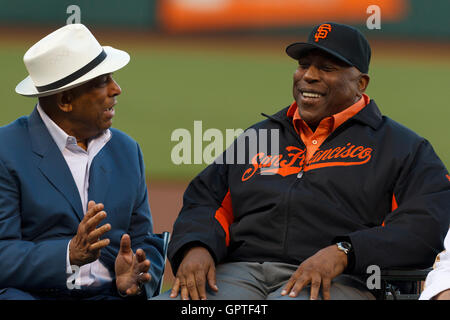 May 6, 2011; San Francisco, CA, USA;  Hall of fame members Orlando Cepeda (left) and Willie McCovey (right) talk during ceremonies honoring the 80th birthday of Willie Mays (not pictured) before the game between the San Francisco Giants and the Colorado R Stock Photo