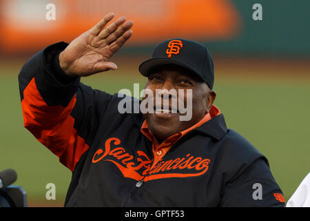 May 6, 2011; San Francisco, CA, USA;  Former San Francisco Giants hall of fame first baseman Willie McCovey is introduced during the 80th birthday celebration for WIllie Mays (not pictured) before the game between the San Francisco Giants and the Colorado Stock Photo