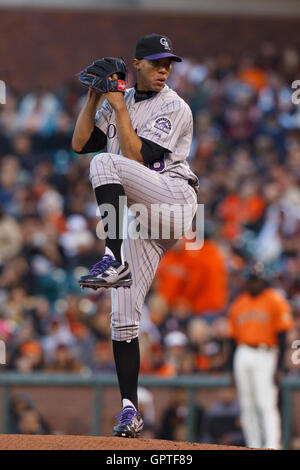 Colorado Rockies starting pitcher Ubaldo Jimenez works against the Los