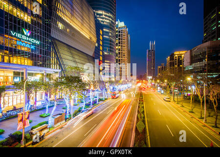 Modern buildings and street at night at Banqiao, in New Taipei City, Taiwan. Stock Photo