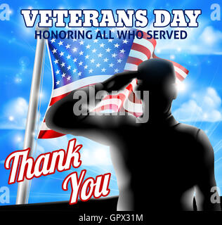 A Veterans Day design of a  silhouette saluting soldier and American Flag waving on a flagpole Stock Photo