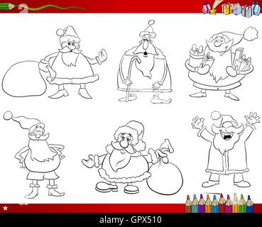 Coloring Book Cartoon Illustration of Black and White Set with Santa Claus Characters on Christmas Time Stock Vector