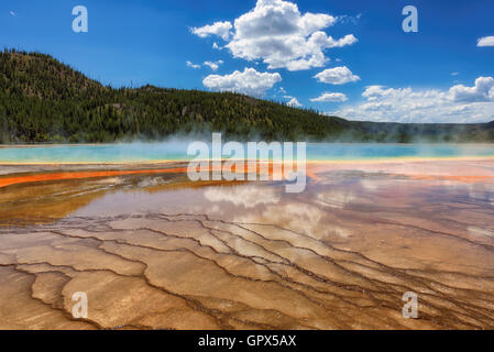 Geyser in grand prismatic spring Basin in Yellowstone National Park in ...