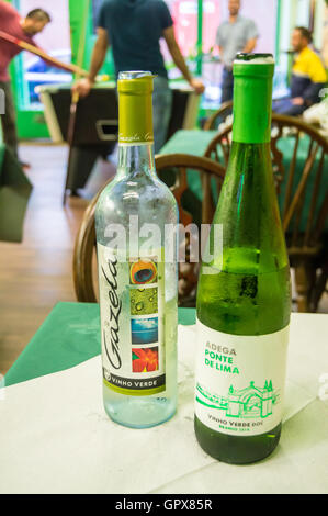 Two bottles of Portuguese vinho verde (young wine) at Boina Verde restaurant, High Street, Boston, Boston, Lincolnshire, England Stock Photo