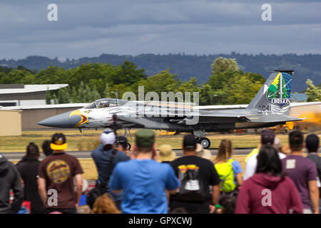 Oregon Air National Guard F-15 Eagle of the 173rd Fighter Wing based at Kingsley Field in Klamath Falls on take off roll. Stock Photo