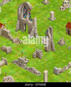 Medieval buildings on green grass, isometric seamless pattern Stock Vector