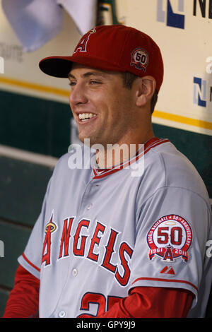 May 16, 2011; Oakland, CA, USA;  Los Angeles Angels center fielder Peter Bourjos (25) sits in the dugout during a rain delay before the game against the Oakland Athletics at Oakland-Alameda County Coliseum.  Oakland defeated Los Angeles 5-4 in ten innings Stock Photo
