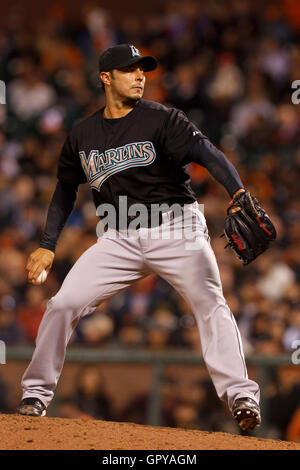 May 25, 2011; San Francisco, CA, USA;  Florida Marlins relief pitcher Clay Hensley (32) pitches against the San Francisco Giants during the eighth inning at AT&T Park. Stock Photo