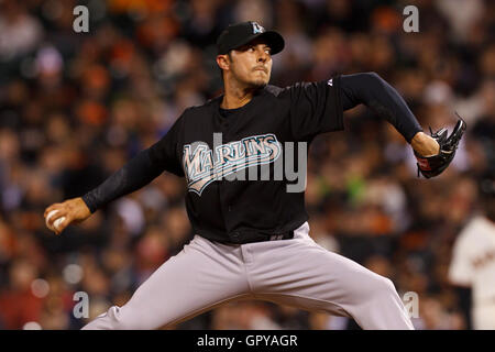 May 25, 2011; San Francisco, CA, USA;  Florida Marlins relief pitcher Clay Hensley (32) pitches against the San Francisco Giants during the eighth inning at AT&T Park. Stock Photo