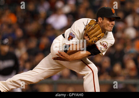 May 25, 2011; San Francisco, CA, USA;  San Francisco Giants relief pitcher Javier Lopez (49) pitches against the Florida Marlins during the ninth inning at AT&T Park. Stock Photo
