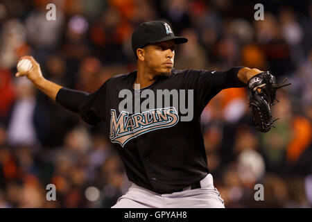 May 25, 2011; San Francisco, CA, USA;  Florida Marlins relief pitcher Leo Nunez (46) pitches against the San Francisco Giants during the ninth inning at AT&T Park. Stock Photo