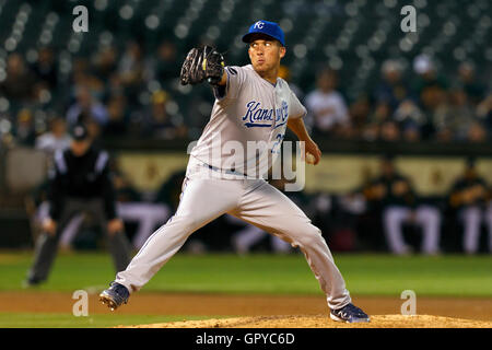 June 14, 2011; Oakland, CA, USA;  Kansas City Royals starting pitcher Danny Duffy (23) pitches against the Oakland Athletics during the fifth inning at Oakland-Alameda County Coliseum.  Kansas City defeated Oakland 7-4. Stock Photo