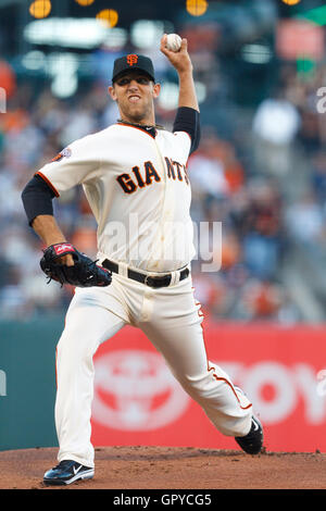 June 21, 2011; San Francisco, CA, USA;  San Francisco Giants starting pitcher Madison Bumgarner (40) pitches against the Minnesota Twins during the first inning at AT&T Park. Stock Photo