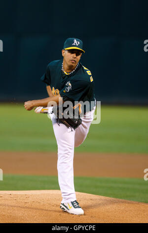 June 28, 2011; Oakland, CA, USA; Oakland Athletics starting pitcher Gio Gonzalez (47) pitches against the Florida Marlins during the first inning at the O.co Coliseum.  Oakland defeated Florida 1-0. Stock Photo