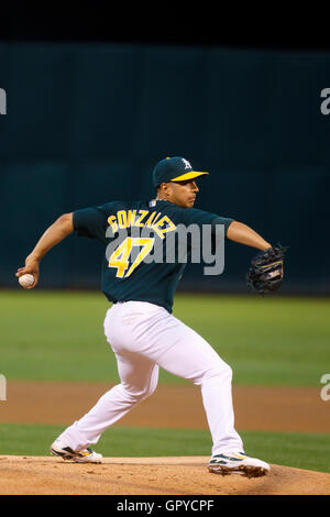 June 28, 2011; Oakland, CA, USA; Oakland Athletics starting pitcher Gio Gonzalez (47) pitches against the Florida Marlins during the first inning at the O.co Coliseum.  Oakland defeated Florida 1-0. Stock Photo