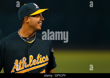 June 28, 2011; Oakland, CA, USA; Oakland Athletics starting pitcher Gio Gonzalez (47) returns to the dugout during the first inning against the Florida Marlins at the O.co Coliseum.  Oakland defeated Florida 1-0. Stock Photo