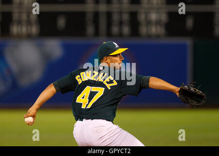 June 28, 2011; Oakland, CA, USA; Oakland Athletics starting pitcher Gio Gonzalez (47) pitches against the Florida Marlins during the sixth inning at the O.co Coliseum.  Oakland defeated Florida 1-0. Stock Photo