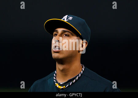 June 28, 2011; Oakland, CA, USA; Oakland Athletics starting pitcher Gio Gonzalez (47) returns to the dugout during the eighth inning against the Florida Marlins at the O.co Coliseum.  Oakland defeated Florida 1-0. Stock Photo