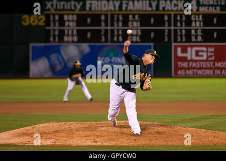 June 28, 2011; Oakland, CA, USA; Oakland Athletics relief pitcher Andrew Bailey (40) pitches against the Florida Marlins during the ninth inning at the O.co Coliseum. Oakland defeated Florida 1-0. Stock Photo