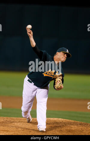 June 28, 2011; Oakland, CA, USA; Oakland Athletics relief pitcher Andrew Bailey (40) pitches against the Florida Marlins during the ninth inning at the O.co Coliseum. Oakland defeated Florida 1-0. Stock Photo