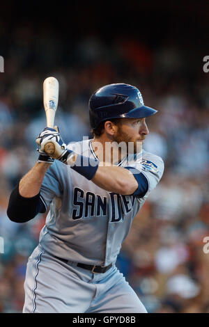 July 6, 2011; San Francisco, CA, USA;  San Diego Padres right fielder Chris Denorfia (13) at bat against the San Francisco Giants during the first inning at AT&T Park. San Francisco defeated San Diego 6-5 in 14 innings. Stock Photo