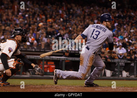 July 6, 2011; San Francisco, CA, USA;  San Diego Padres right fielder Chris Denorfia (13) at bat against the San Francisco Giants during the eleventh inning at AT&T Park. San Francisco defeated San Diego 6-5 in 14 innings. Stock Photo