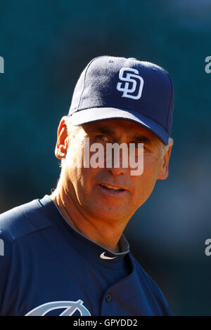 July 7, 2011; San Francisco, CA, USA;  San Diego Padres manager Bud Black (20) during batting practice before the game against the San Francisco Giants at AT&T Park. San Francisco defeated San Diego 2-1. Stock Photo