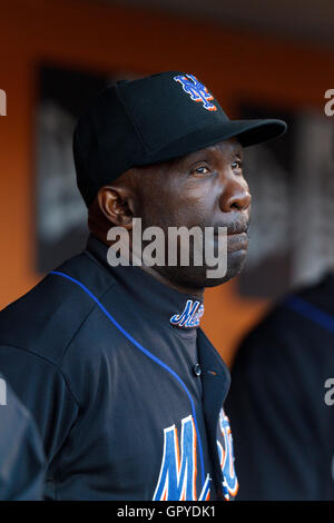 July 8, 2011; San Francisco, CA, USA;  New York Mets first base coach Mookie Wilson (1) stands in the dugout before the game against the San Francisco Giants at AT&T Park. New York defeated San Francisco 5-2. Stock Photo