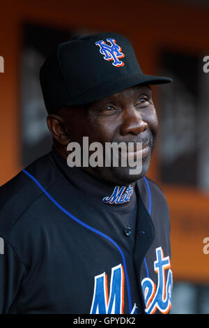 July 8, 2011; San Francisco, CA, USA;  New York Mets first base coach Mookie Wilson (1) stands in the dugout before the game against the San Francisco Giants at AT&T Park. New York defeated San Francisco 5-2. Stock Photo