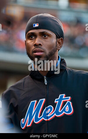 July 8, 2011; San Francisco, CA, USA;  New York Mets shortstop Jose Reyes (7)] stands in the dugout during the second inning against the San Francisco Giants at AT&T Park. Stock Photo