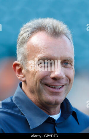 July 18, 2011; San Francisco, CA, USA;  Former San Francisco 49ers quarterback Joe Montana watches batting practice before the game between the San Francisco Giants and the Los Angeles Dodgers at AT&T Park. San Francisco defeated Los Angeles 5-0. Stock Photo