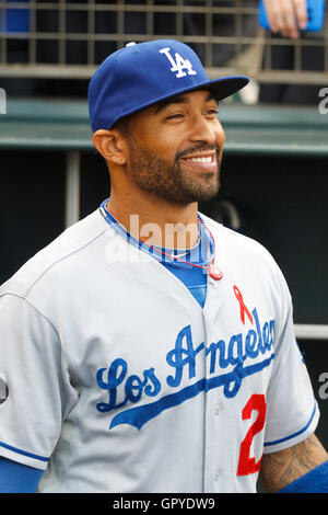 July 18, 2011; San Francisco, CA, USA;  Los Angeles Dodgers center fielder Matt Kemp (27) stands in the dugout before the game against the San Francisco Giants at AT&T Park. San Francisco defeated Los Angeles 5-0. Stock Photo