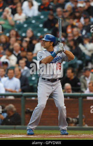 July 18, 2011; San Francisco, CA, USA;  Los Angeles Dodgers right fielder Andre Ethier (16) at bat against the San Francisco Giants during the first inning at AT&T Park. San Francisco defeated Los Angeles 5-0. Stock Photo